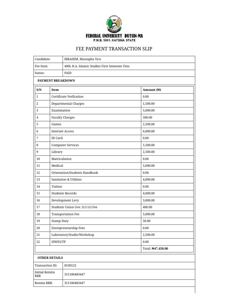 Print Fee Payment Transaction - Federal University, Dutsin-Ma | PDF ...