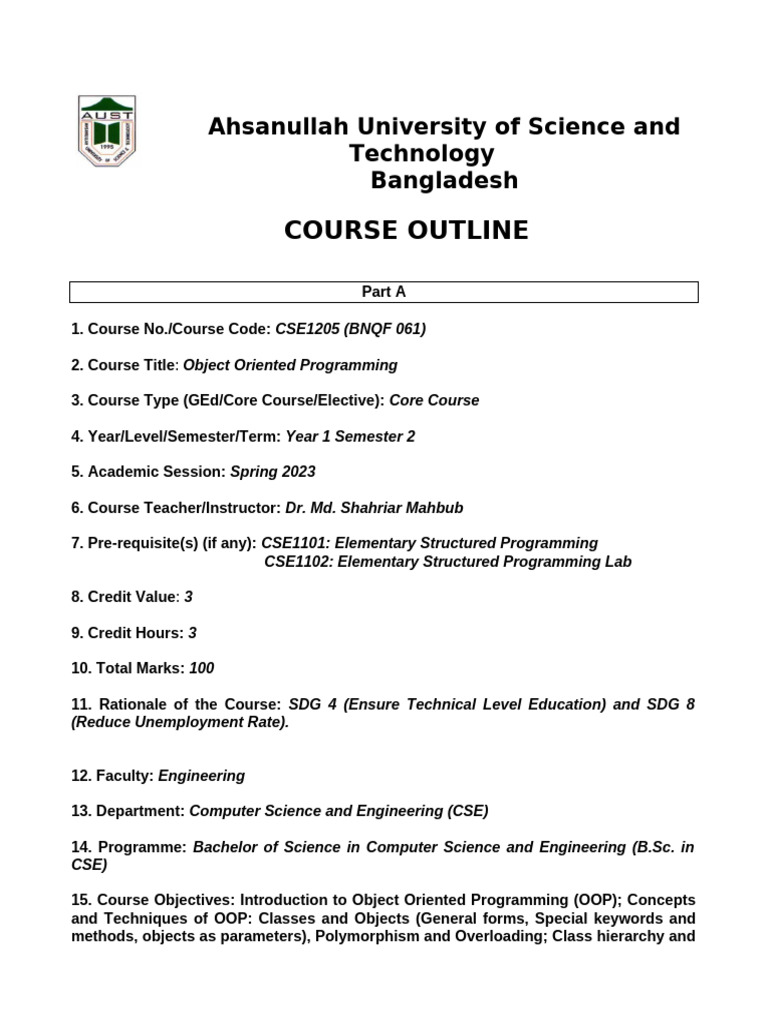 CSE1205_OBE_Course_Outline_Spring 23 | PDF | Class (Computer ...