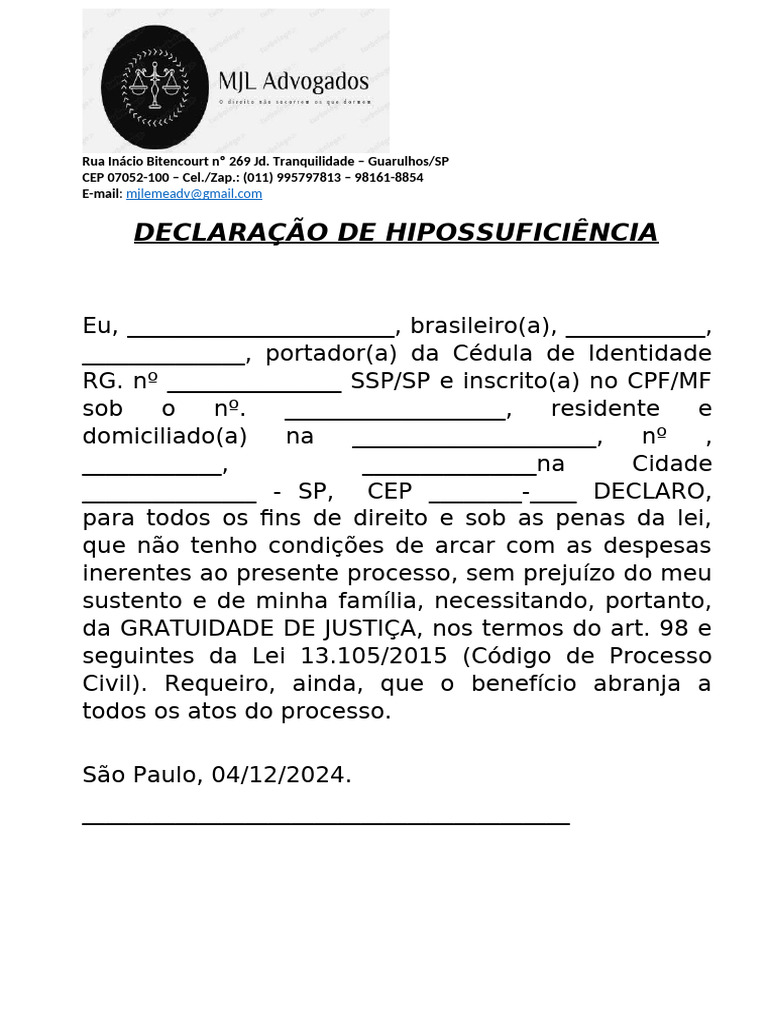 Declaração de Hipossuficiência SP | PDF