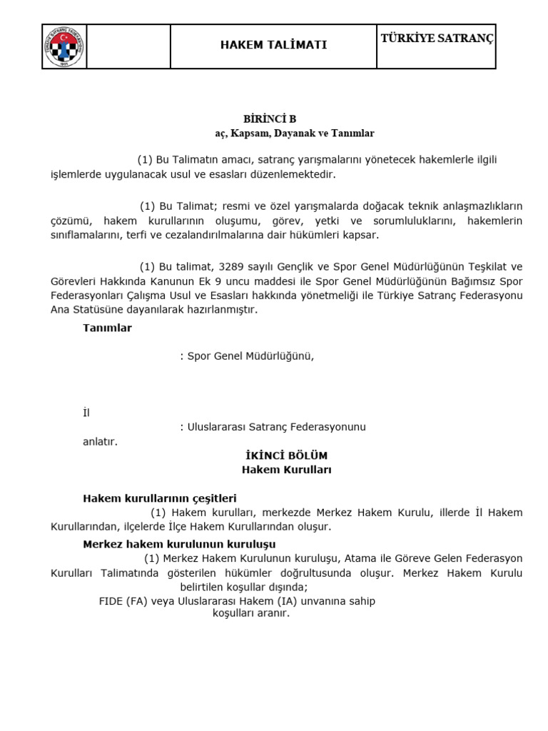 Trkiye Satran Federasyonu Hakem Talimatae. | PDF