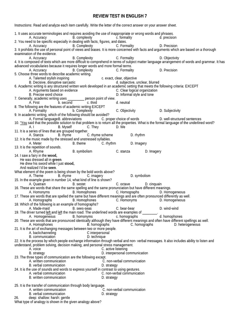 Review Test in English 7 For 4thqtdocx | PDF | Communication | Rhyme