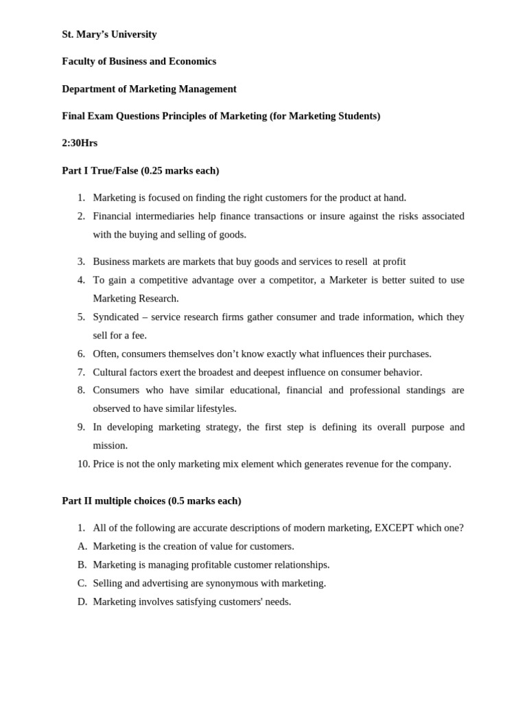 Final Exam Questions: Marketing Principles | PDF | Marketing | Market ...