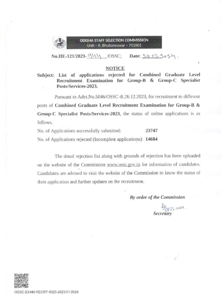 OSSC Rejection List for Graduate Posts | PDF