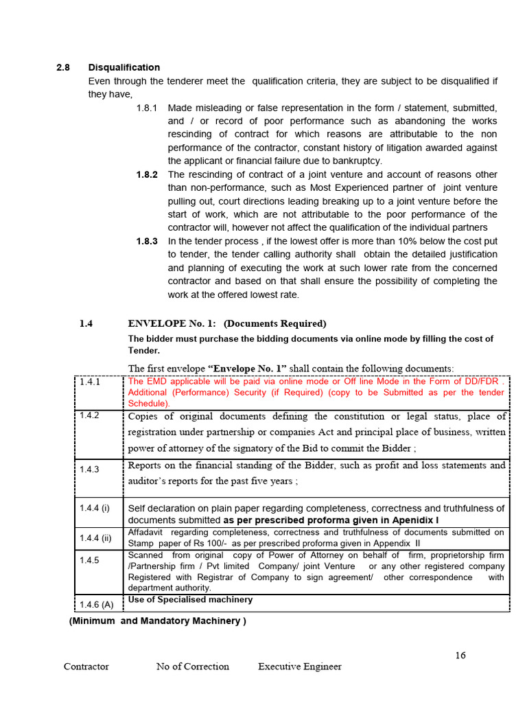 2.8 Disqualification: 1.4 E Velope O. 1: (Documents Required) | PDF ...