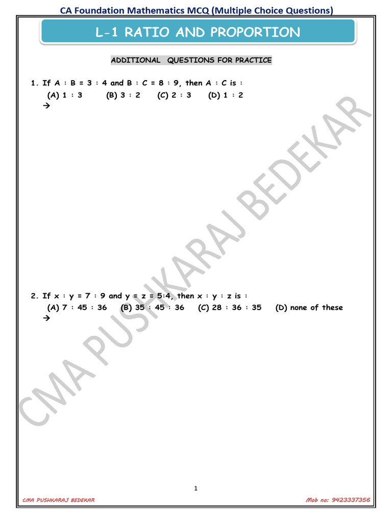 Ratio and Proportion MCQs for CA | PDF | Multiple Choice | Ratio