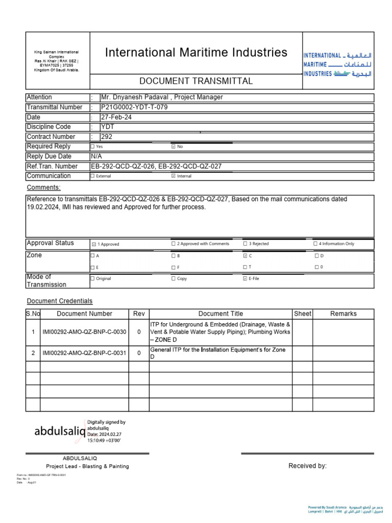 ITP for Plumbing Works Approval Document | PDF