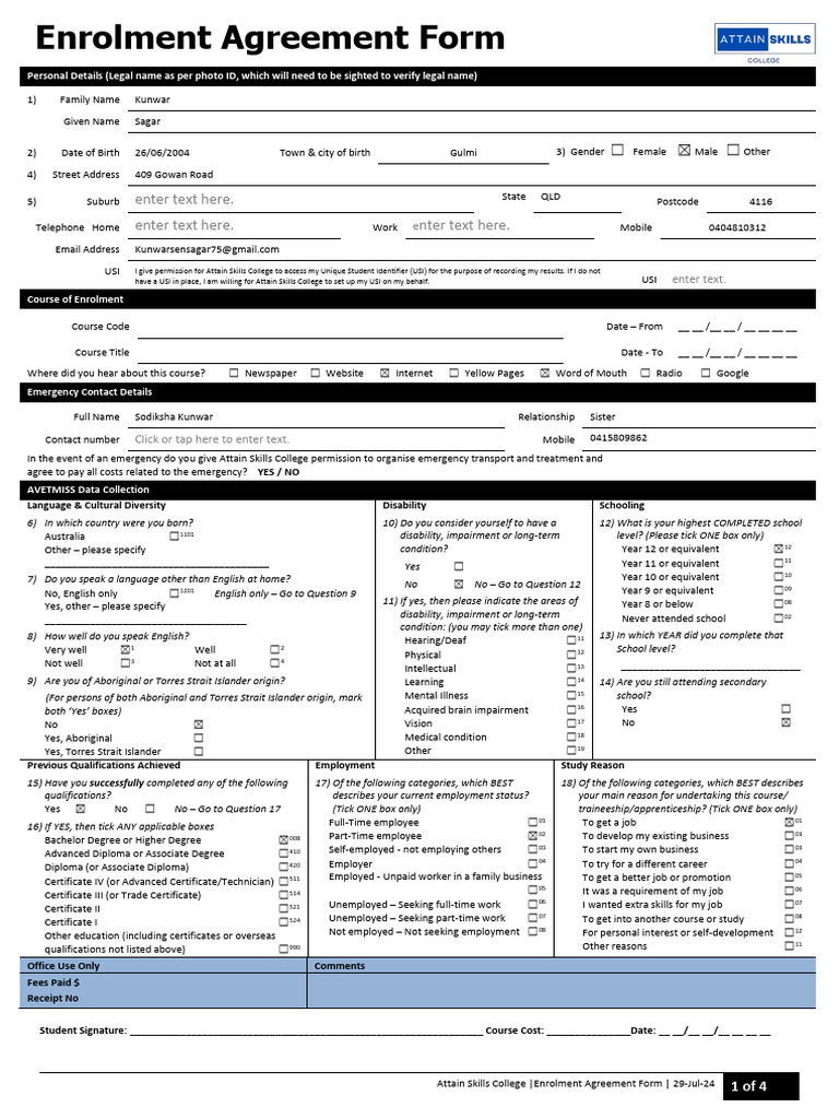Enrolment Agreement Form Attain Skills College | PDF | Vocational ...