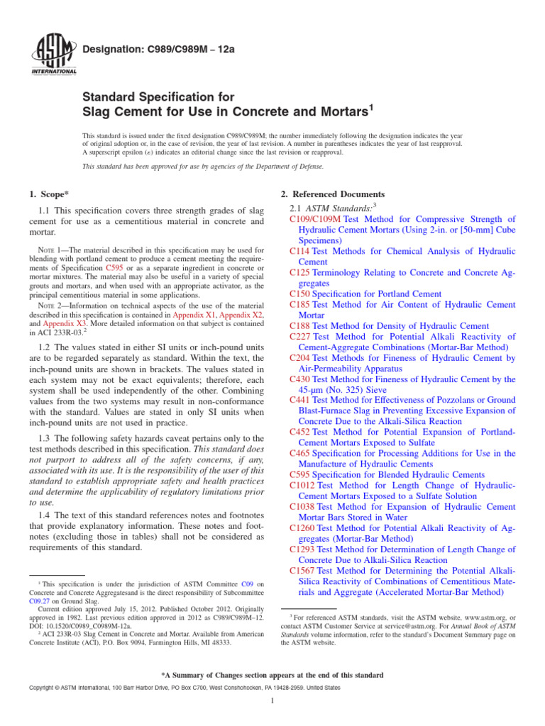 ASTM - Standard Specification For GGBS | PDF | Concrete | Cement