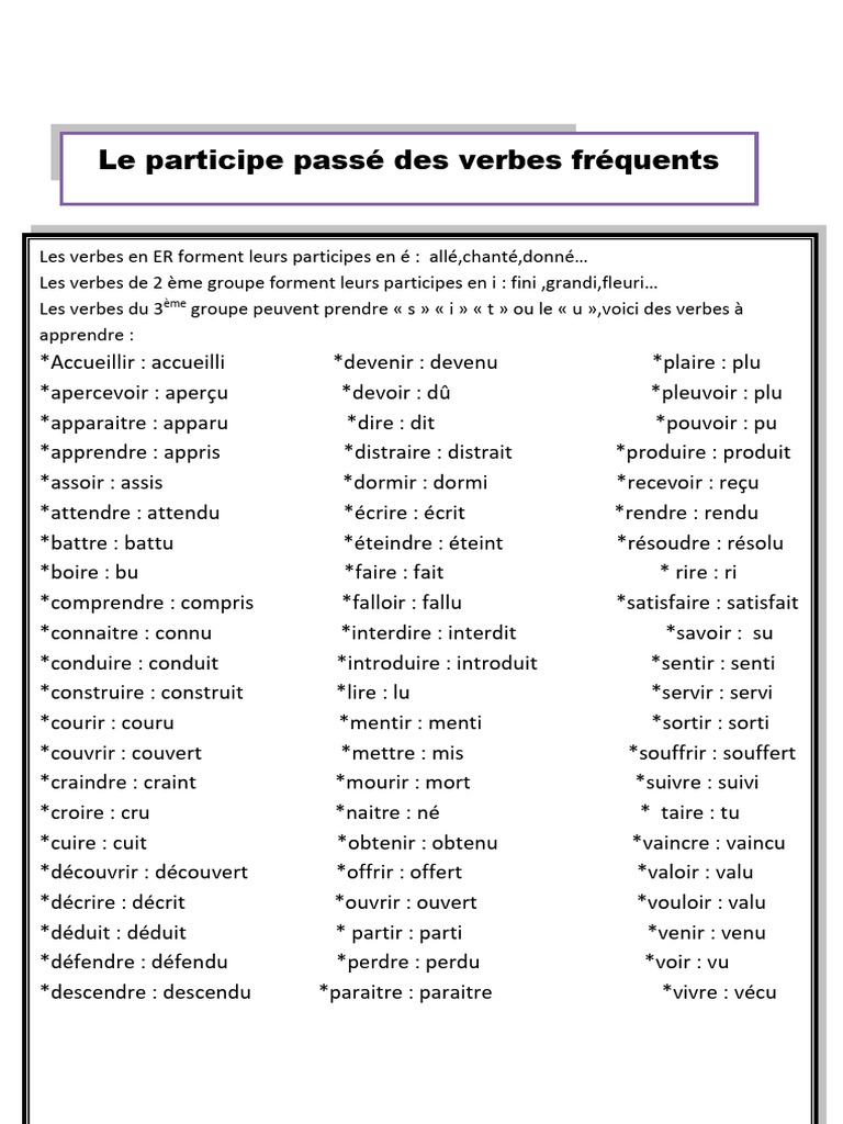 Participes Passés des Verbes Fréquents | PDF