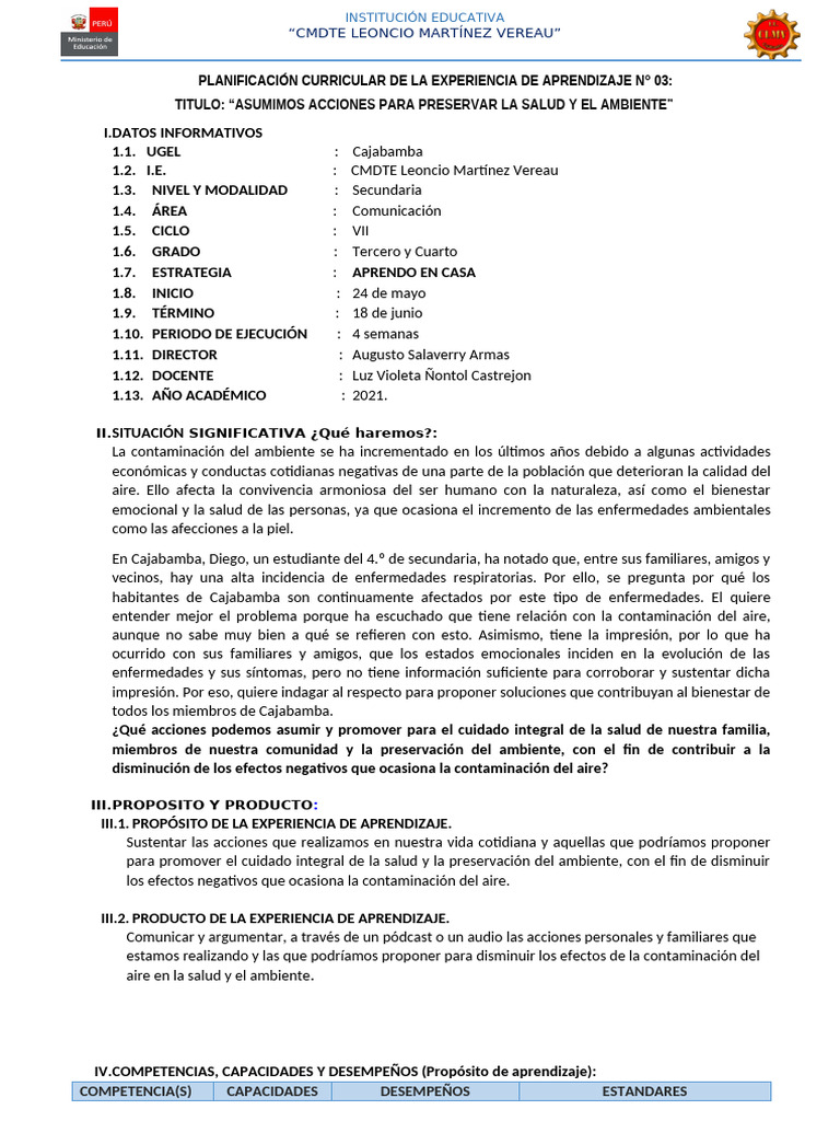Planificador Experiencia 3 DPCC 3° y 4° | PDF | Las emociones | Aprendizaje