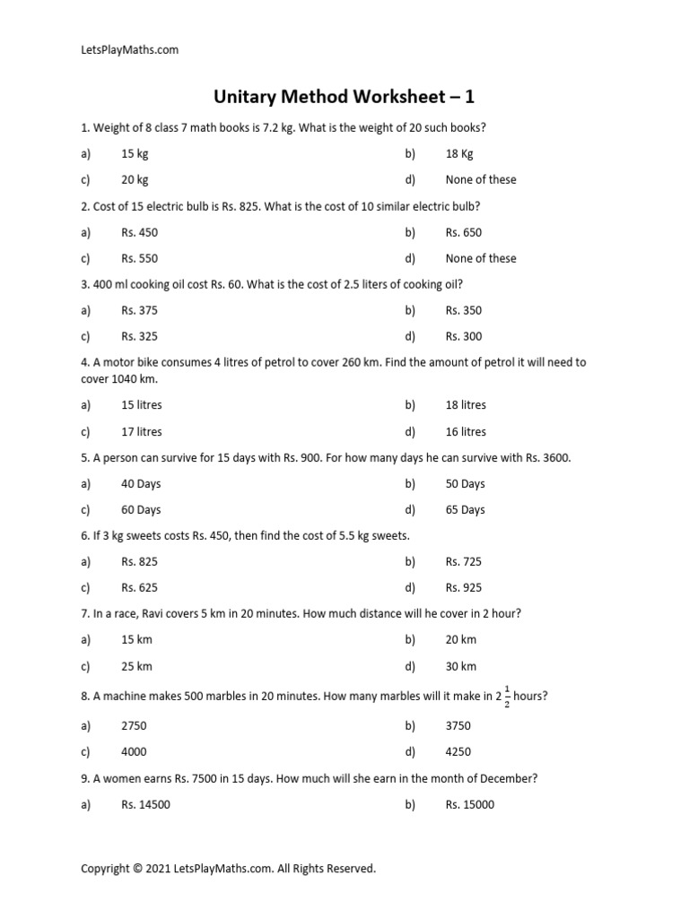 Unitary Method Worksheet for Students | PDF | Litre