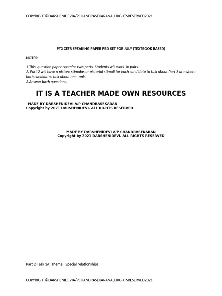 PT3 Cefr Speaking Paper PBD Set For July (Textbook Based Themes) | PDF