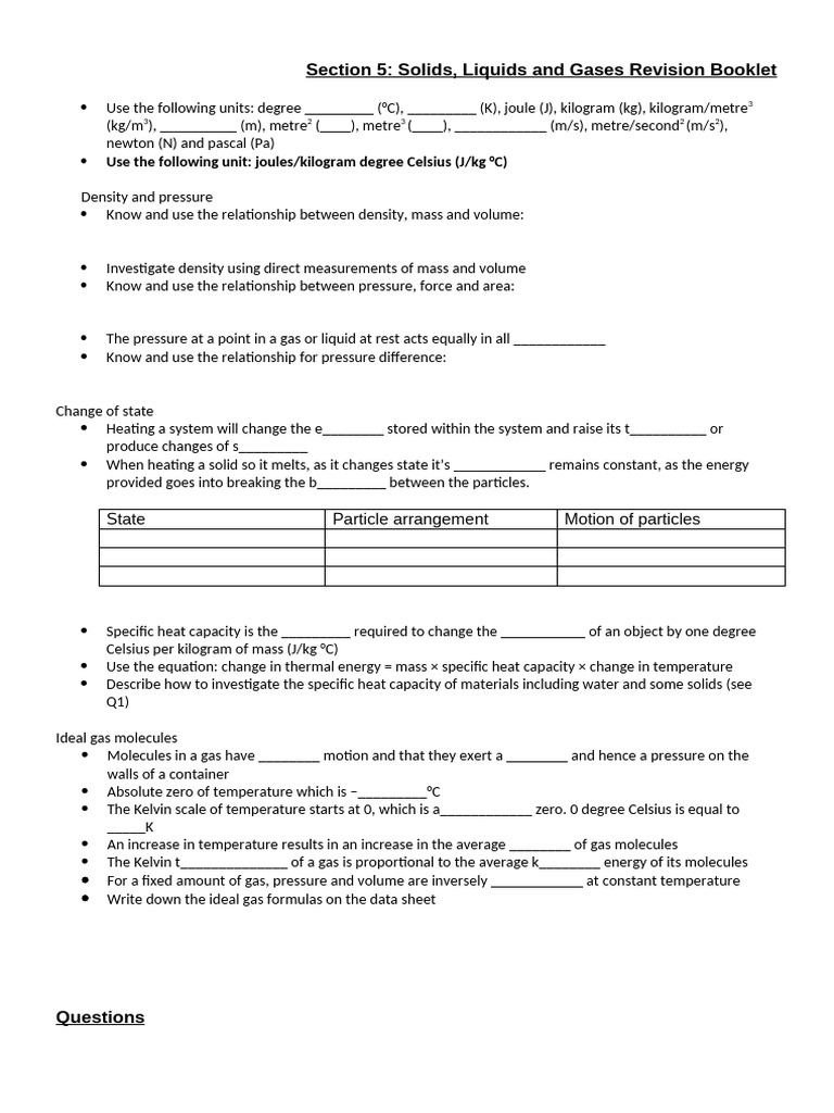 Igcse 9 1 Solids Liquids And Gases Booklet Pdf Gases Temperature