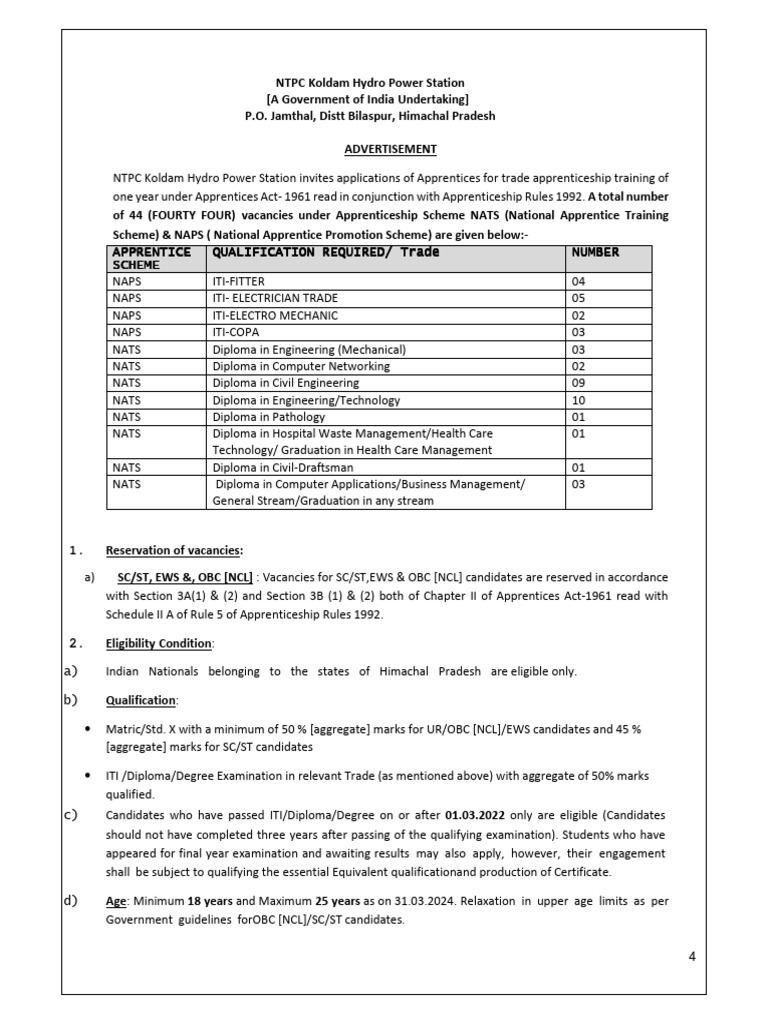 NTPC Koldam Apprentice Recruitment 2024 | PDF | Apprenticeship