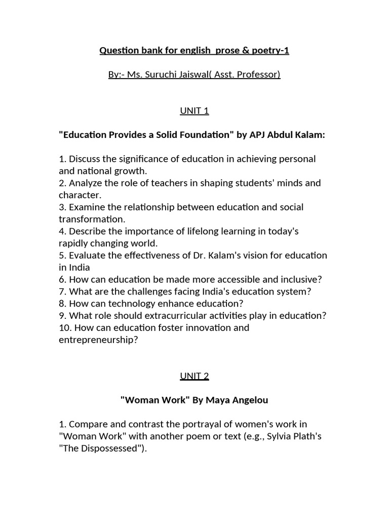 English Prose & Poetry Question Bank | PDF | Feminism | Gender Studies