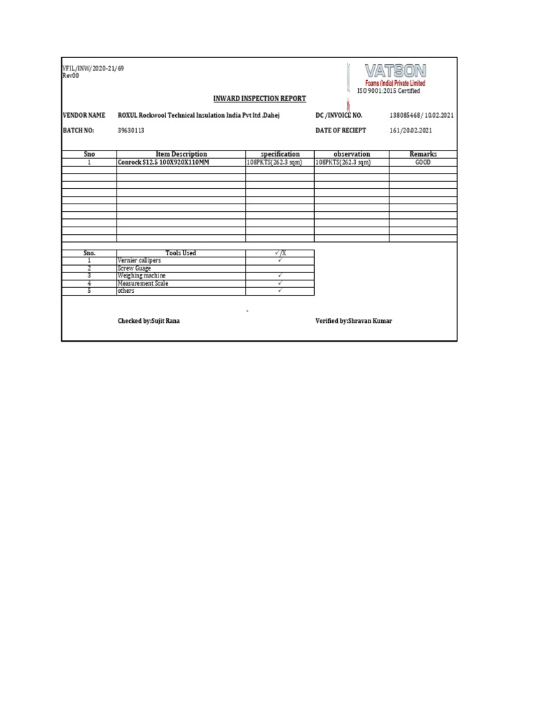 Inward Inspection Report for Conrock S12.5 | PDF