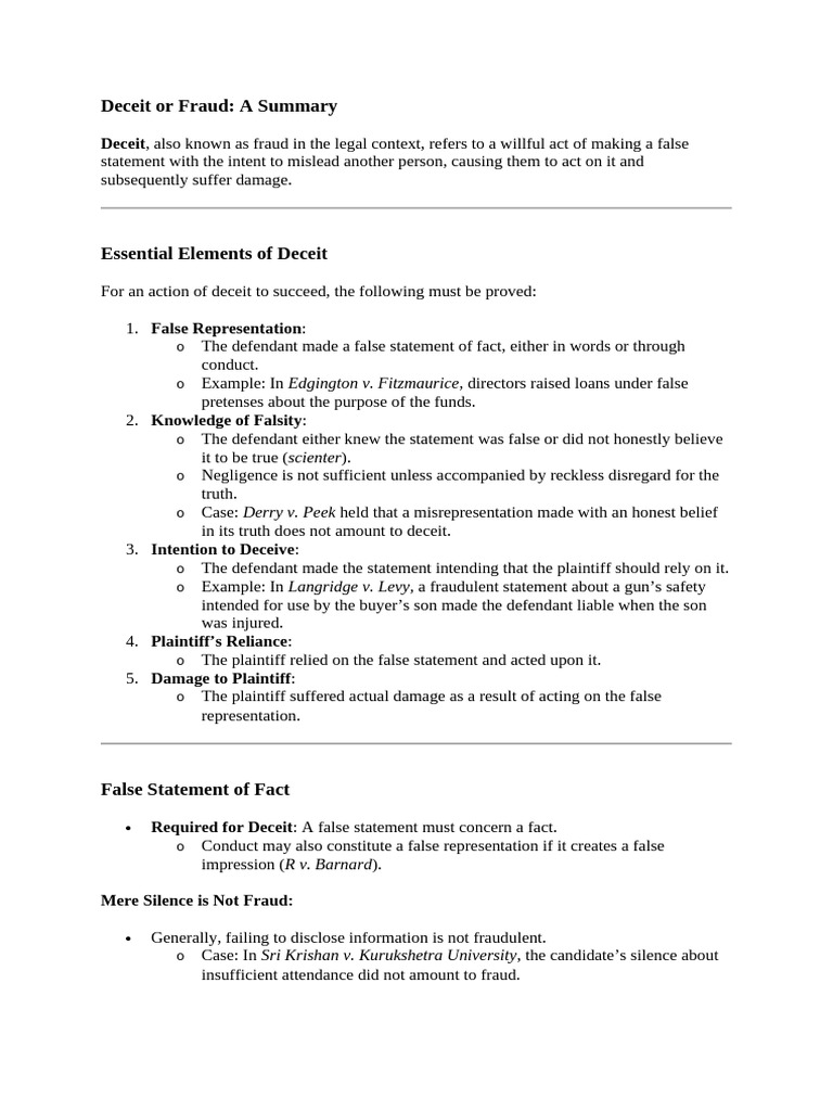 Understanding Deceit and Fraud Elements | PDF | Misrepresentation ...
