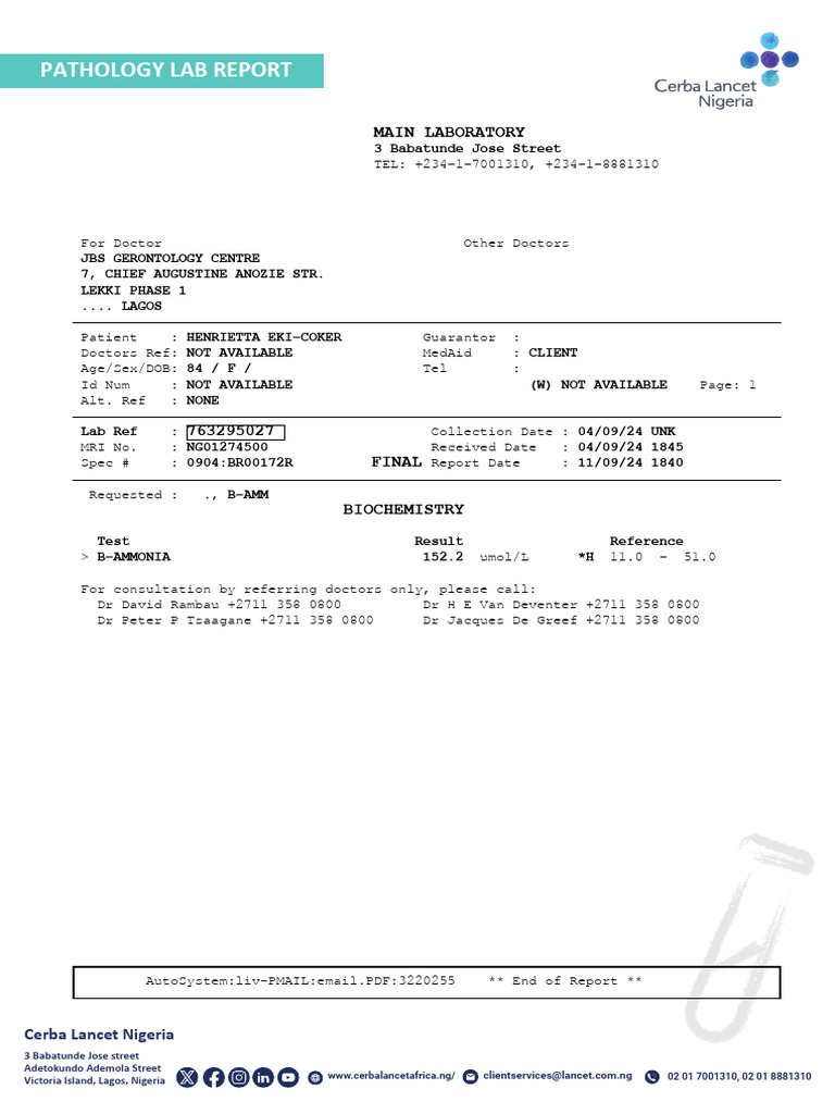 Pathology Lab Report for Henrietta Eki-Coker | PDF