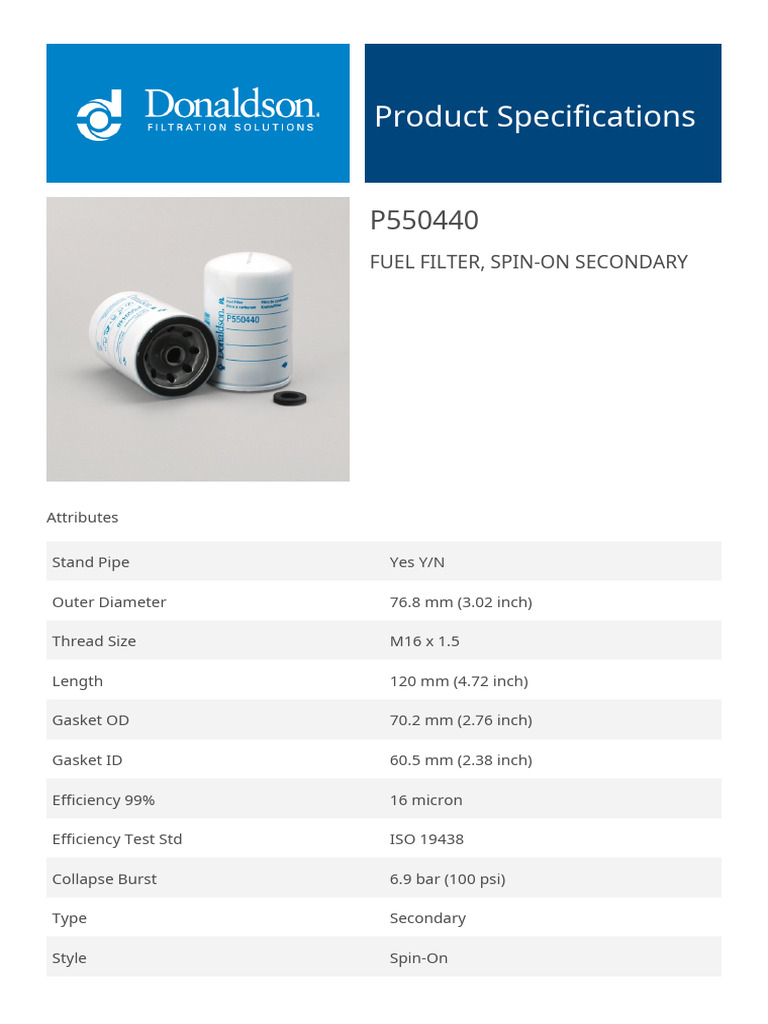Spin-On Secondary Fuel Filter Specs | PDF