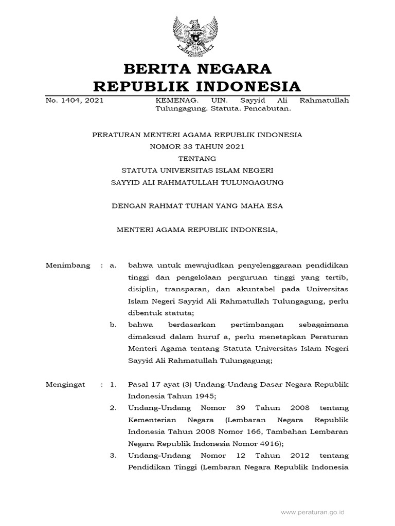 Statuta UIN Sayyid Ali Rahmatullah 2021 | PDF