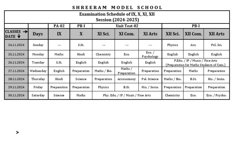 Exam Schedule for Classes IX-XII | PDF