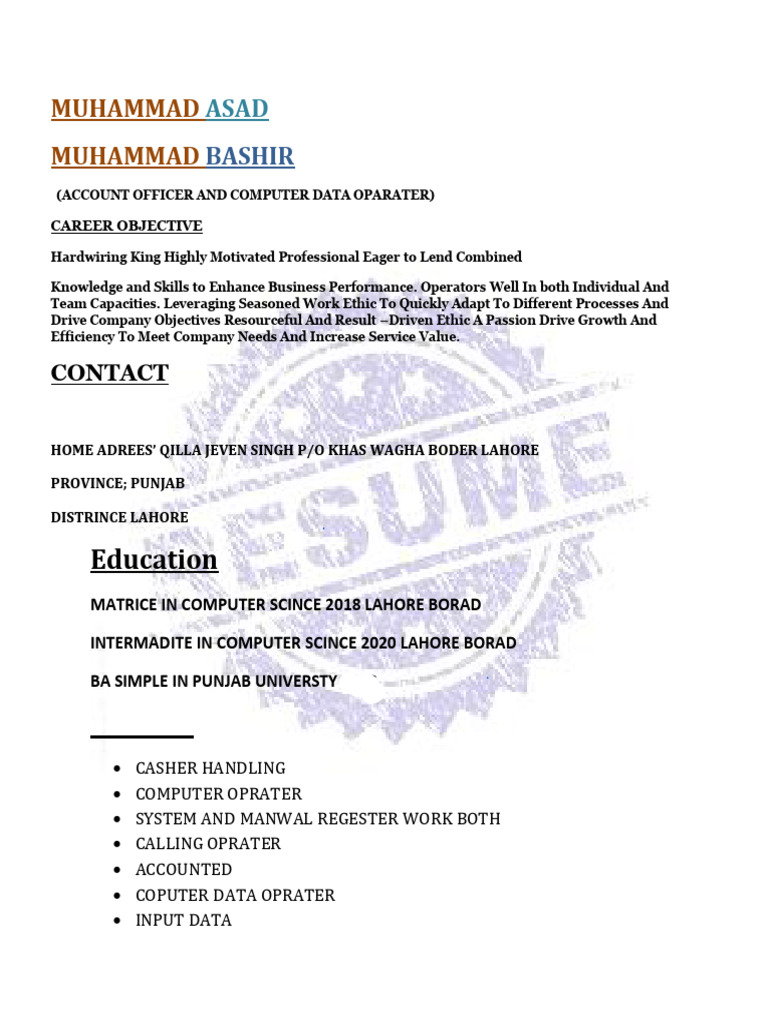 Muhammad Asad: Account Officer CV | PDF