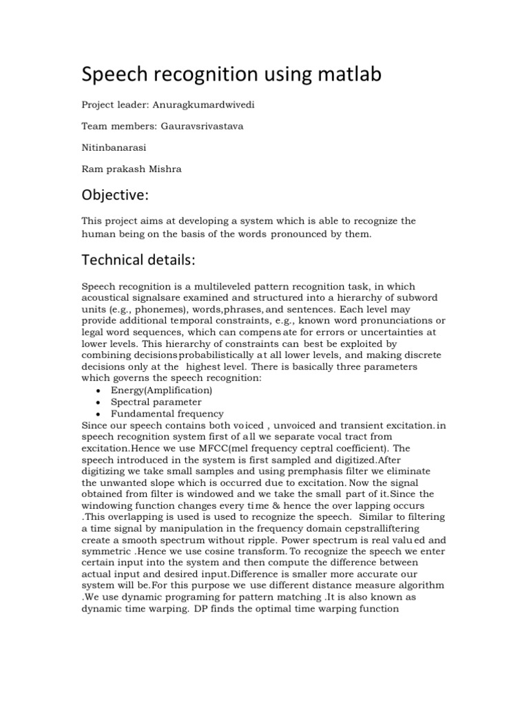 Speech Recognition Using Matlab | PDF | Applied Mathematics | Algorithms