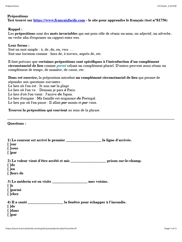 Prépositions | PDF | Adposition | Linguistique