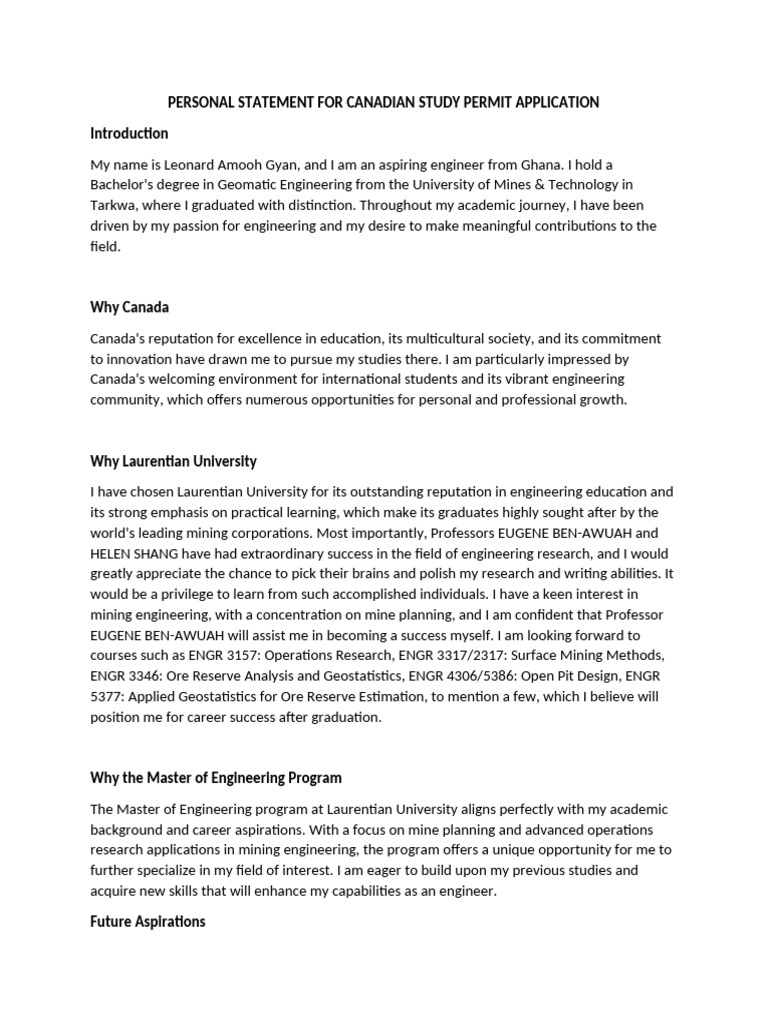 Canadian Study Permit Personal Statement | PDF | Engineering | Cognition