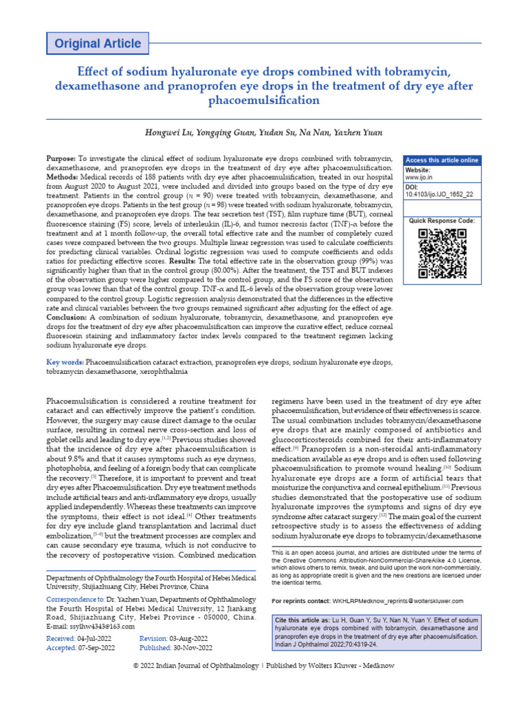 Sodium Hyaluronate for Post-Phaco Dry Eye | PDF | Human Eye | Diseases ...
