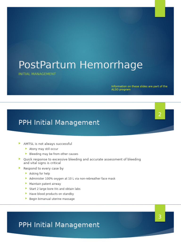 Postpartum Hemorrhage Management Guide | PDF | Bleeding | Medicine