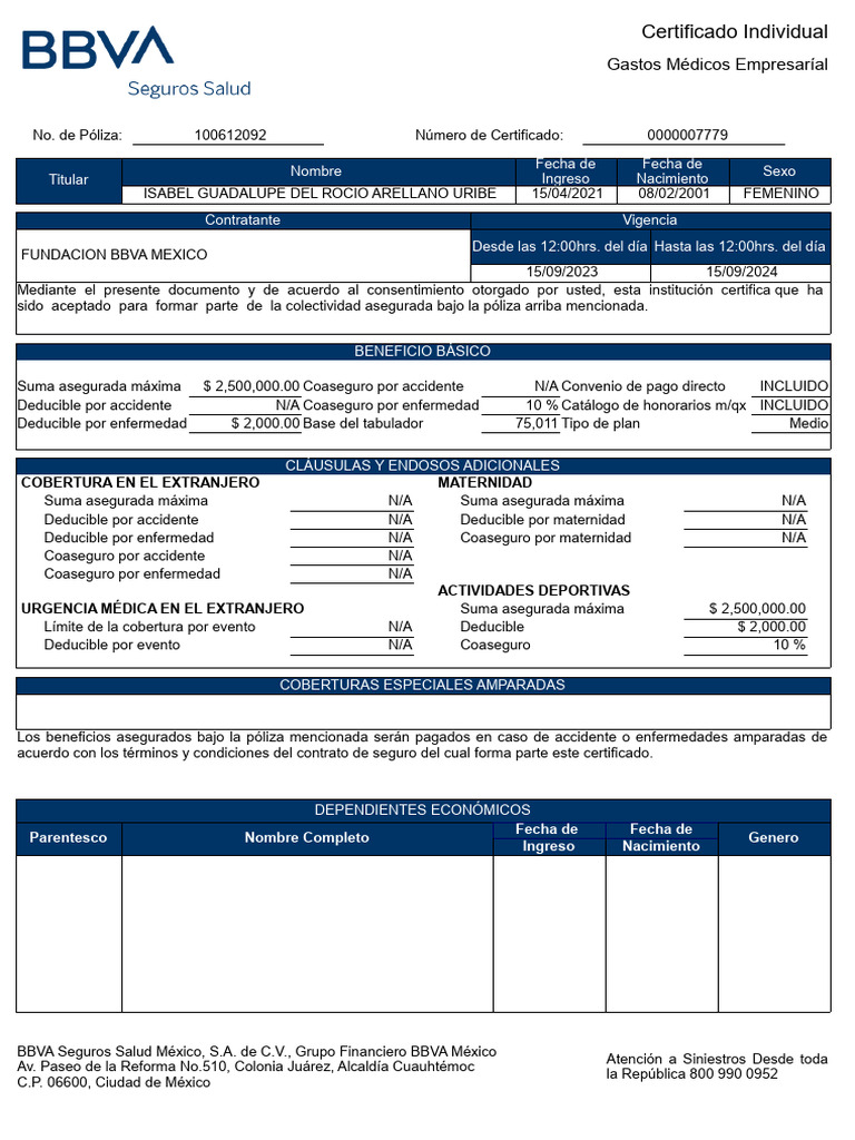 Certificado de Seguro Médico Empresarial | PDF | Póliza de seguros | Seguro