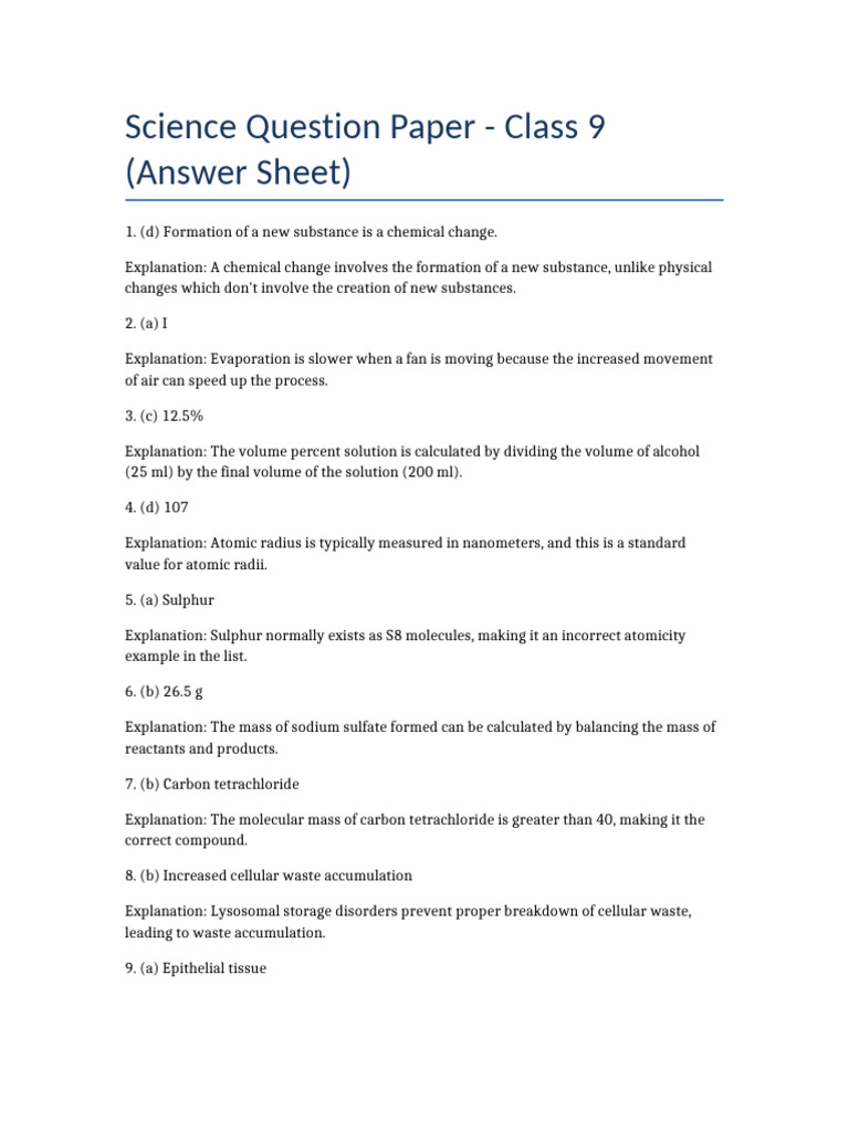 Answer Sheet Class9 Science | PDF
