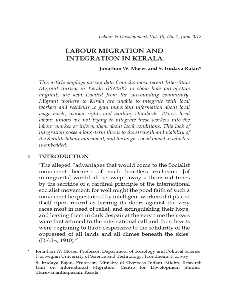 Labour Migration and Integration in Kerala | PDF | Immigration | Human ...