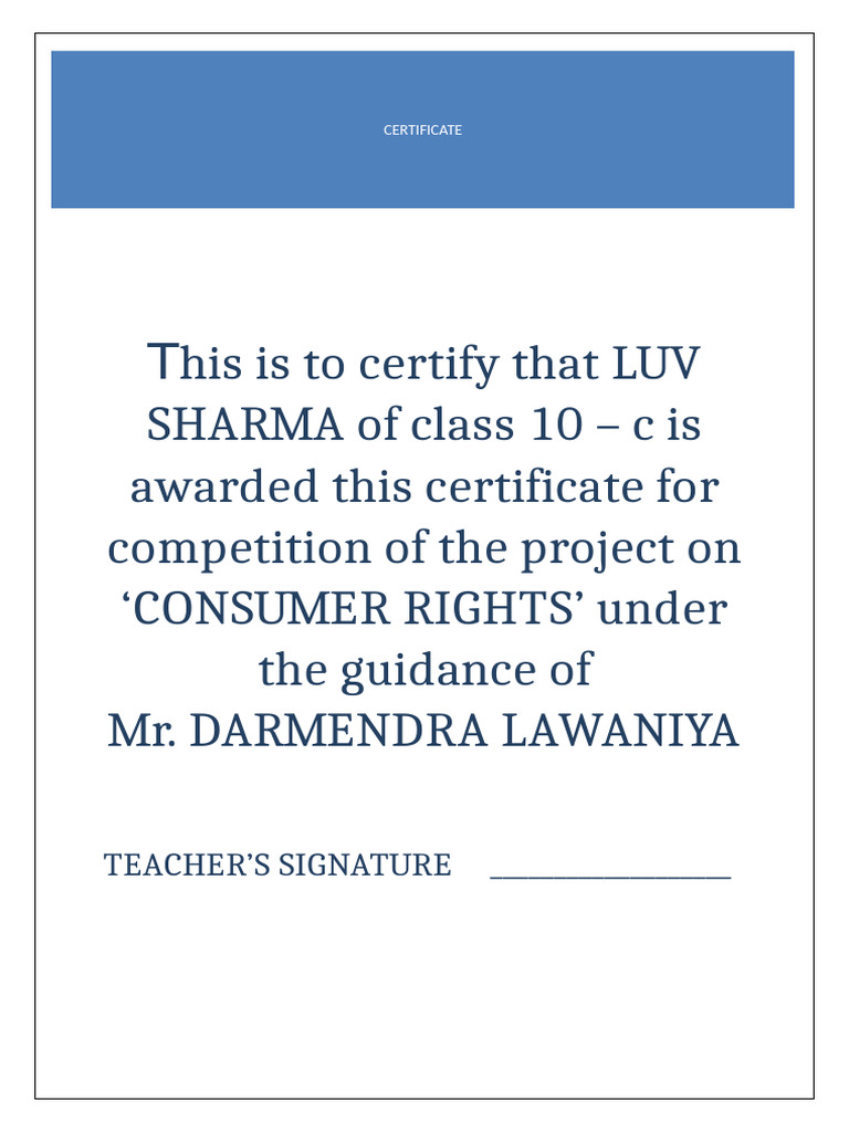 Certificate for Consumer Rights Project | PDF