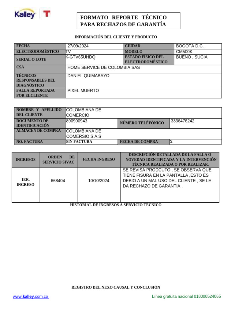 Informe de Rechazo de Garantía TV | PDF