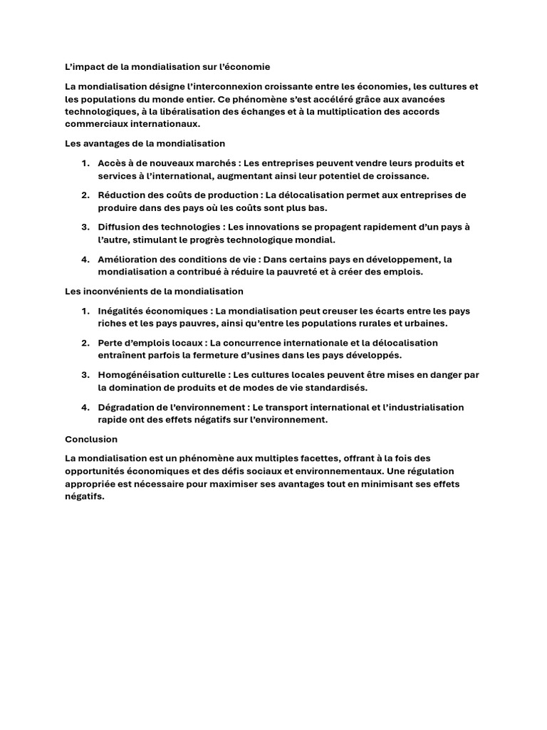 Avantages et inconvénients de la mondialisation | PDF