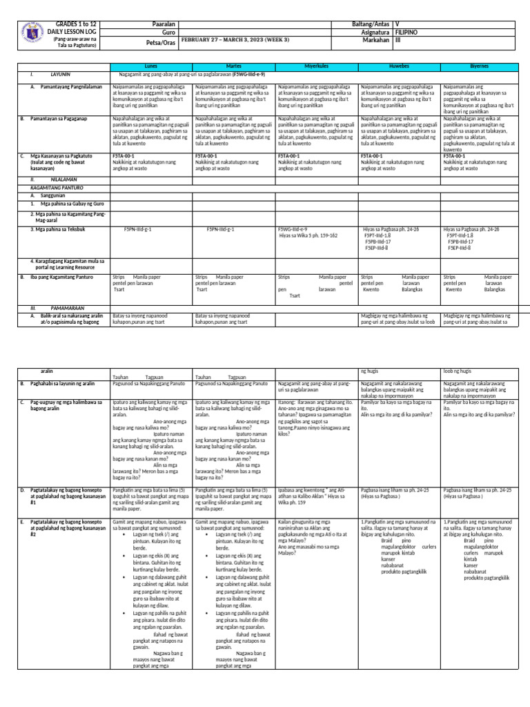 Grade 5 DLL FILIPINO 5 Q3 Week 3 | PDF