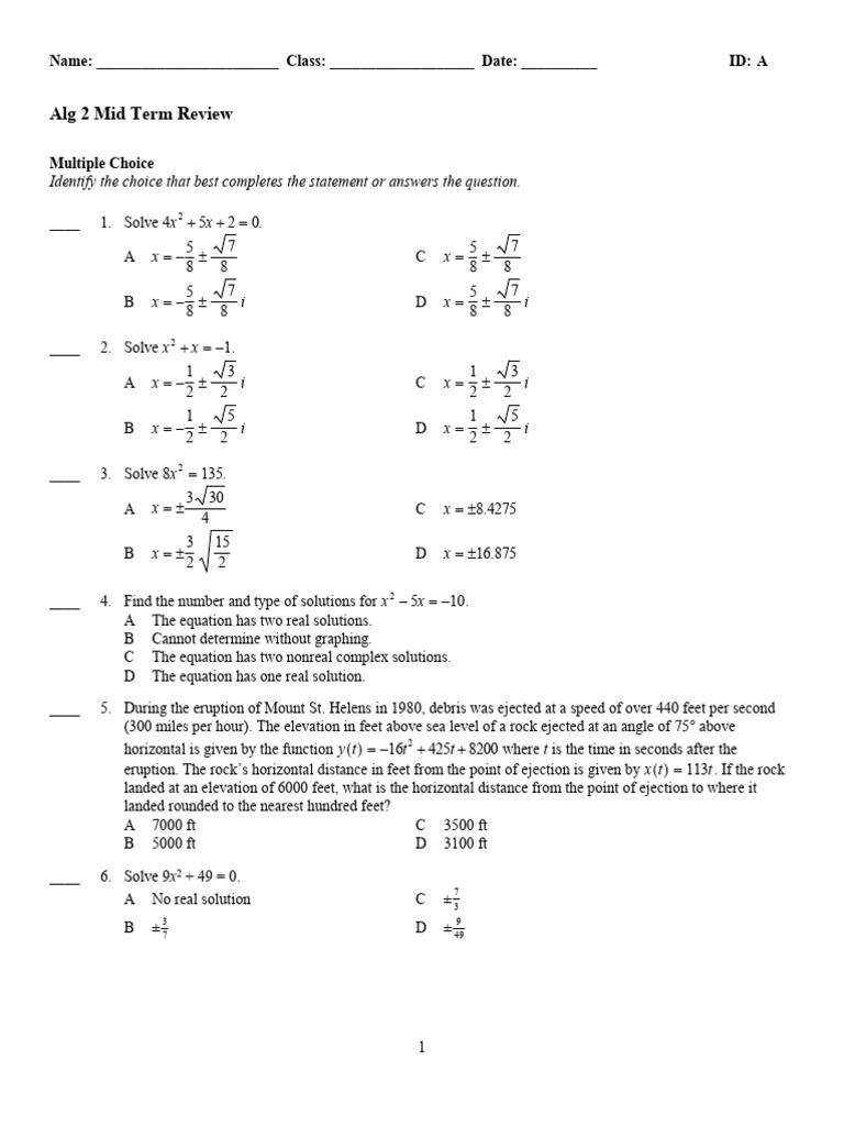 Algebra 2 Midterm Review Questions | PDF | Factorization | Zero Of A ...