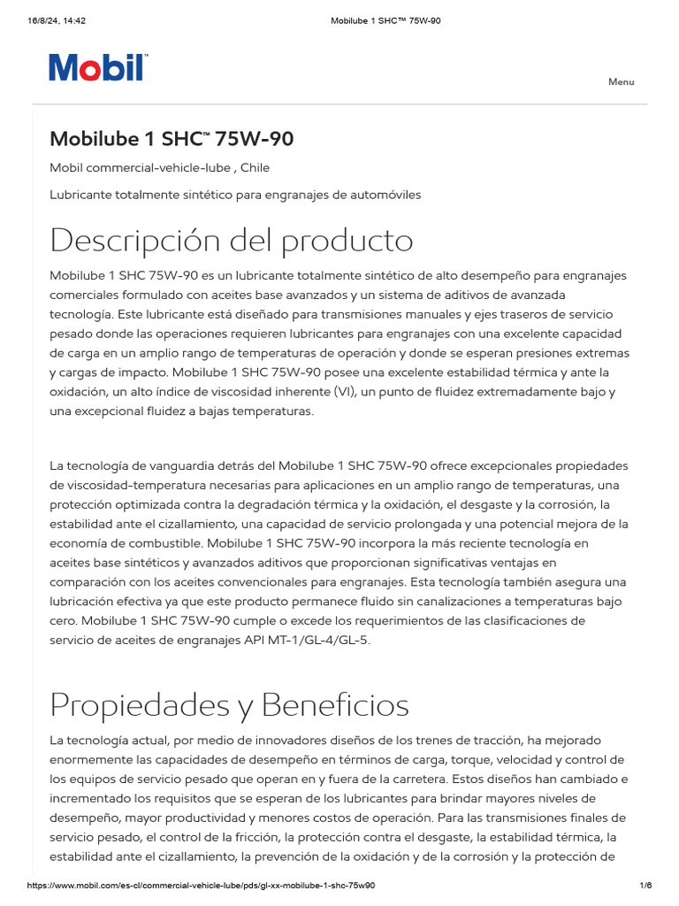 Mobilube 1 SHC™ 75W-90 | PDF | Lubricante | Engranaje