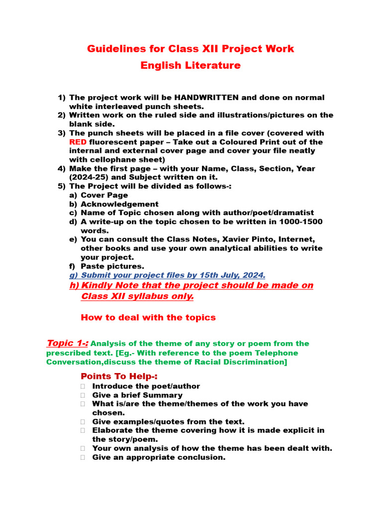 Class XII English Literature Project Guidelines | PDF | Poetry | Human ...