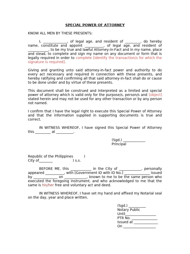 Special Power of Attorney Template | PDF