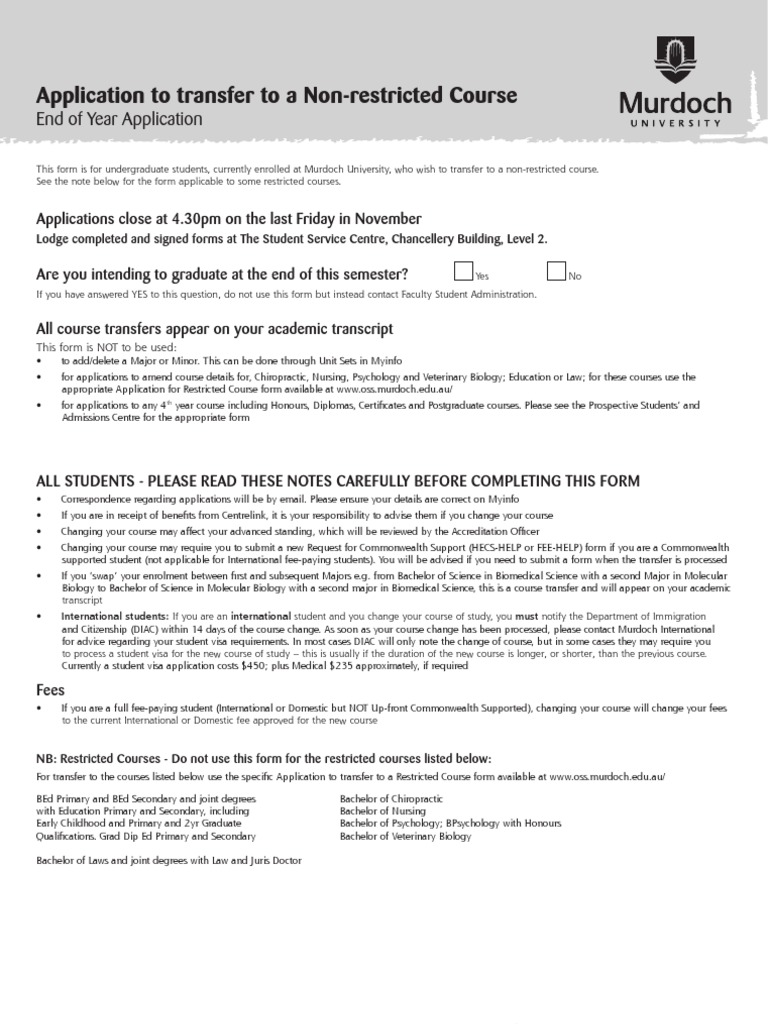 Murdoch University Course Transfer Application | PDF | Academic Degree ...