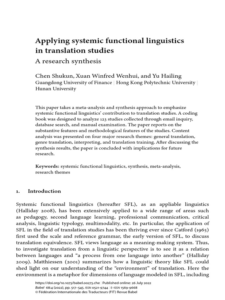 Applying Systemic Functional Linguistics in Translation Studies | PDF ...