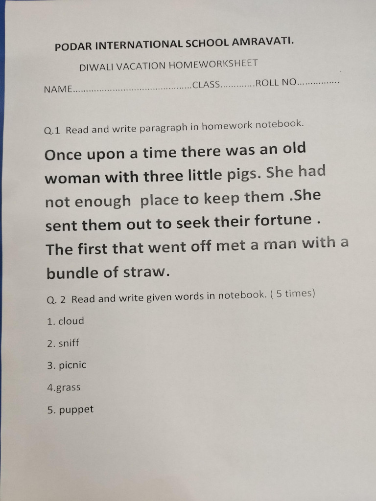 Grade 1 Diwali Vacation Homework Pdf Pdf