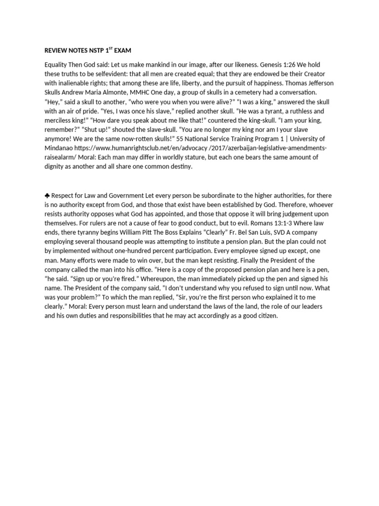 NSTP 1st Exam Review Notes on Equality | PDF