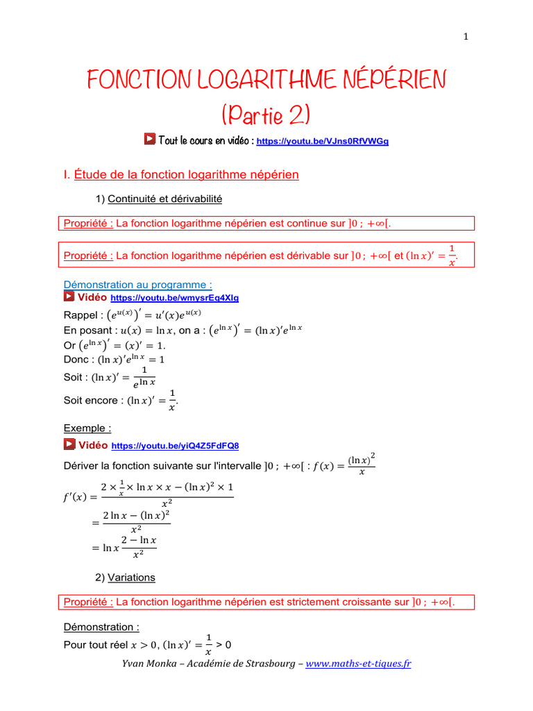 Fonction Logarithme Népérien - Partie 2 | PDF | Relations mathématiques ...