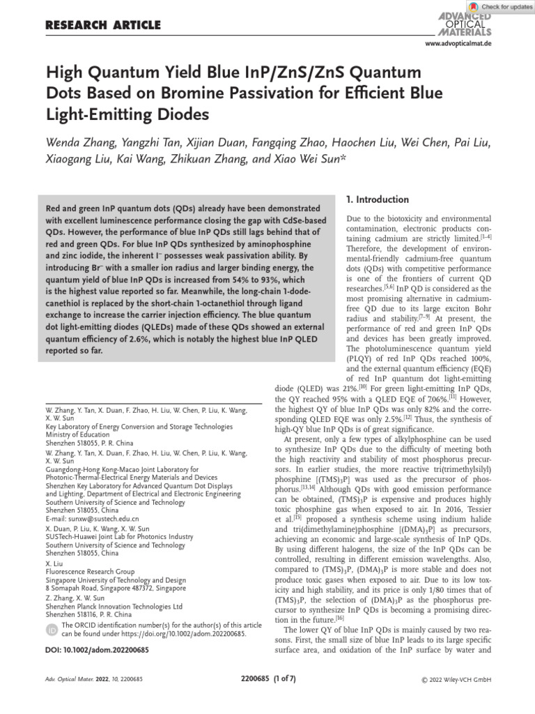 Advanced Optical Materials - 2022 - Zhang - High Quantum Yield Blue InP ...