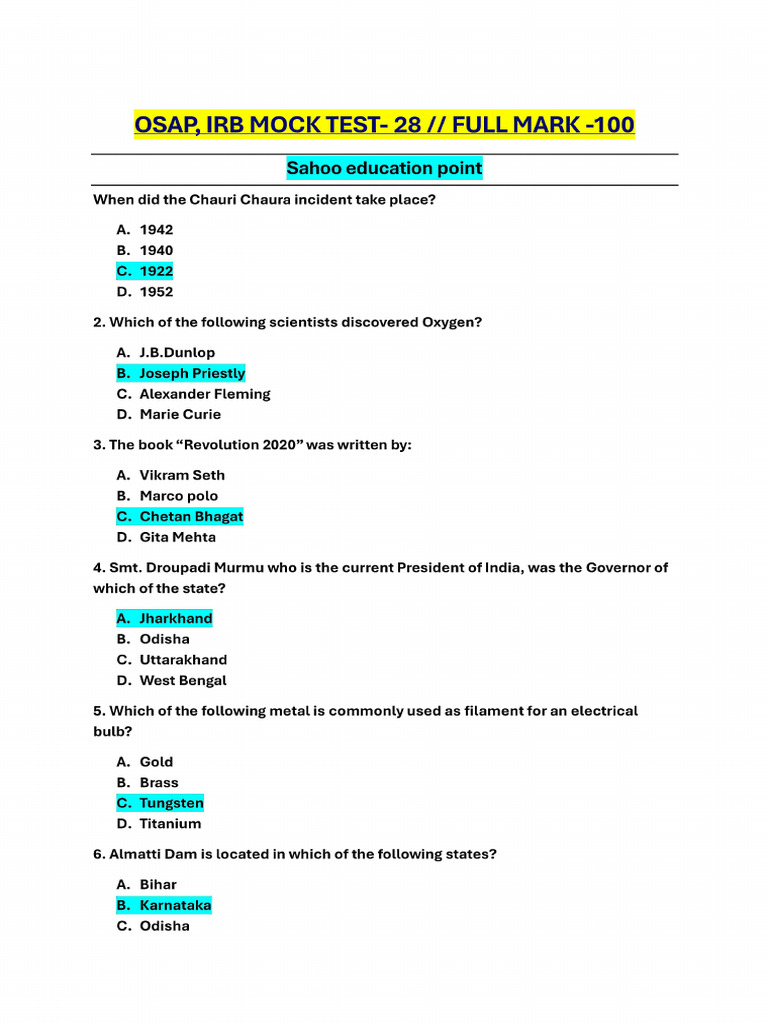Osap, Irb Mock Test - 28 Answer Key by Sahoo Education Point | PDF