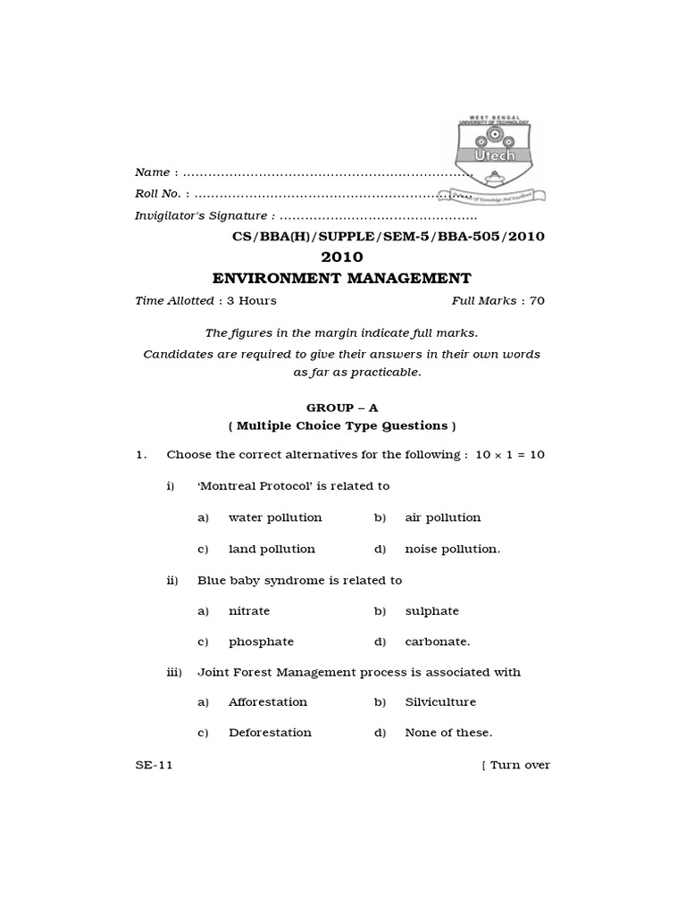 Environmental Management Exam Questions | PDF | Ozone Depletion | Ecosystem